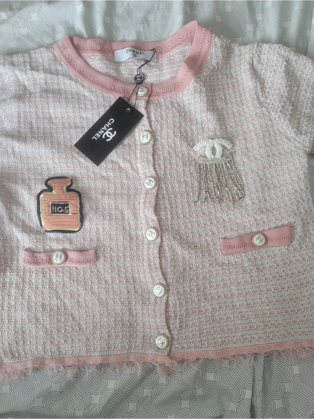 CHANEL Pink Tweed Girls' Embellished Button Cardigan